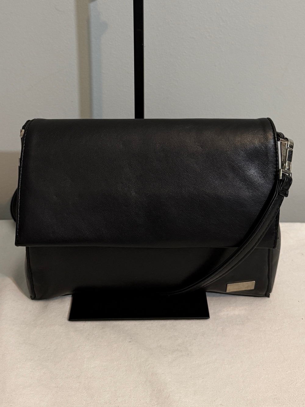 Vintage Black Leather Crossbody Bag Convertible Clutch Detachable Strap